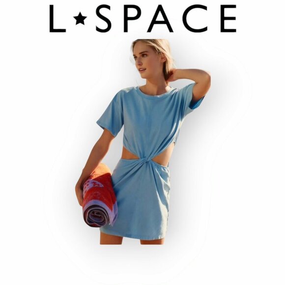 LSpace Baby Blue Cutout Aura Mini Dress Twist Knot Waist Casual Summer Medium M - Picture 1 of 10